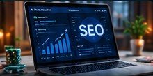 Laptop displaying an SEO analytics dashboard